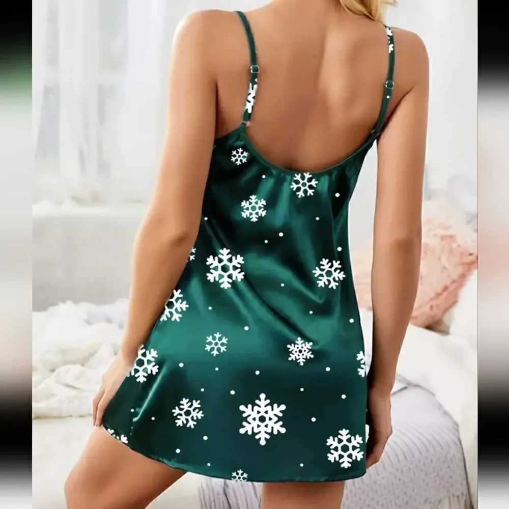 Ladies Snowflake Print Slip Christmas Crew Neck Spaghetti Strap Sleep Gown, XL
